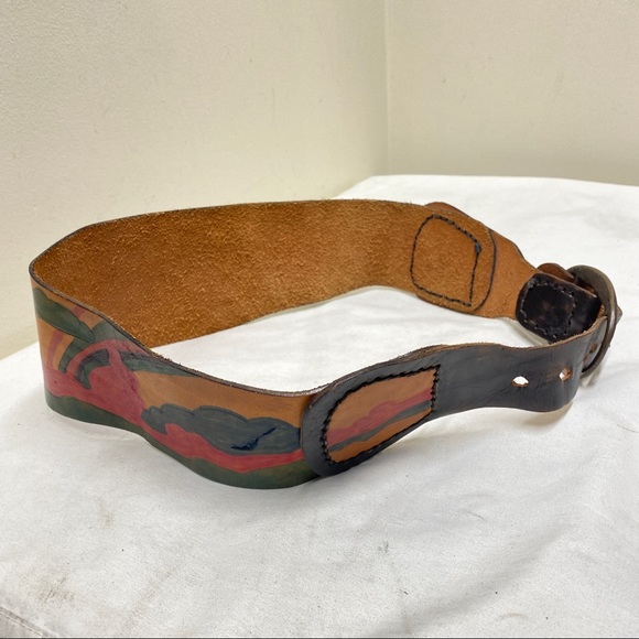 Vintage handmade hand painted wide leather belt 38” - Picture 6 of 16